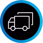 Decal Installer: Icon of a delivery truck outlined in white on a black circular background with a blue border, indicating shipping or delivery services. - Image Graphics Premier Applicators