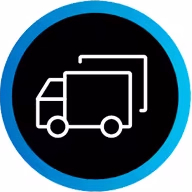Decal Installer: Icon of a delivery truck outlined in white on a black circular background with a blue border, indicating shipping or delivery services. - Image Graphics Premier Applicators